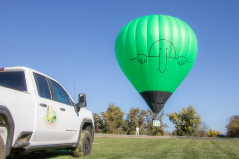 A green balloon floats above a parked truck