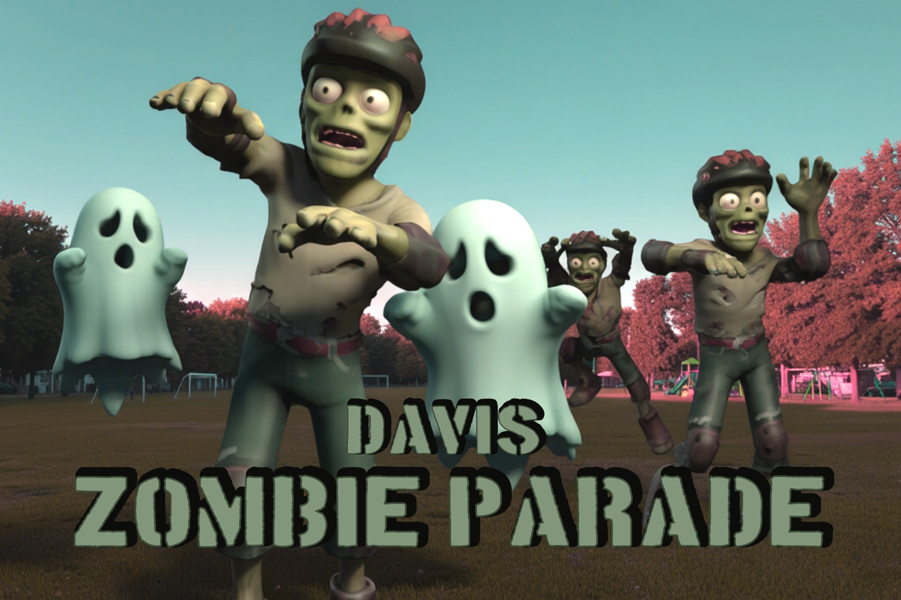 Davis Zombie Parade augmented reality game key art, zombies in bike helmets and ghosts at Community Park