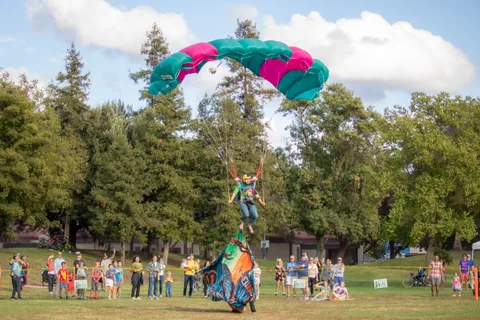 A skydiver lands with a flag as spectators watch from the trees.