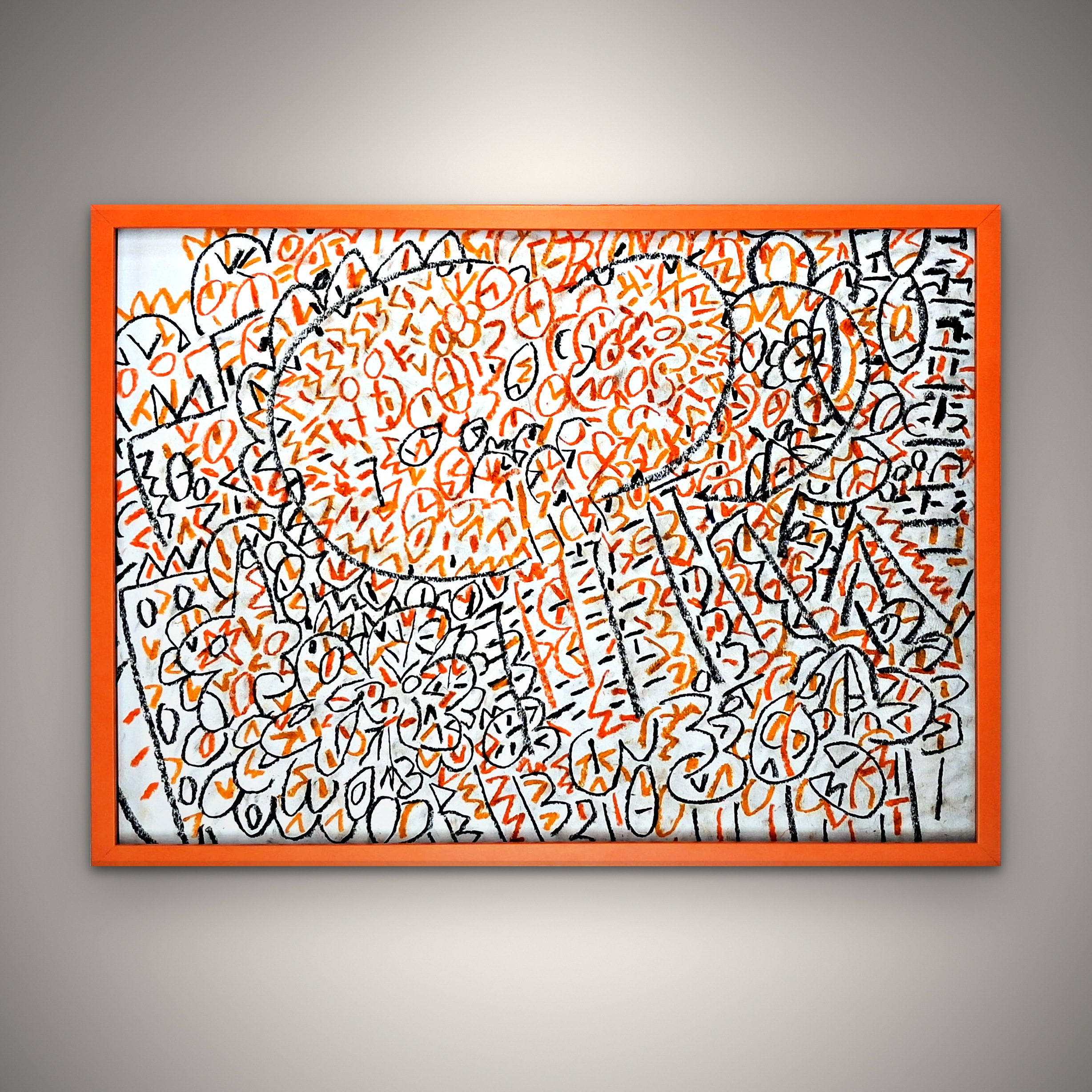 Framed original artwork by Sam Lundholm, orange and black on white, in an orange frame