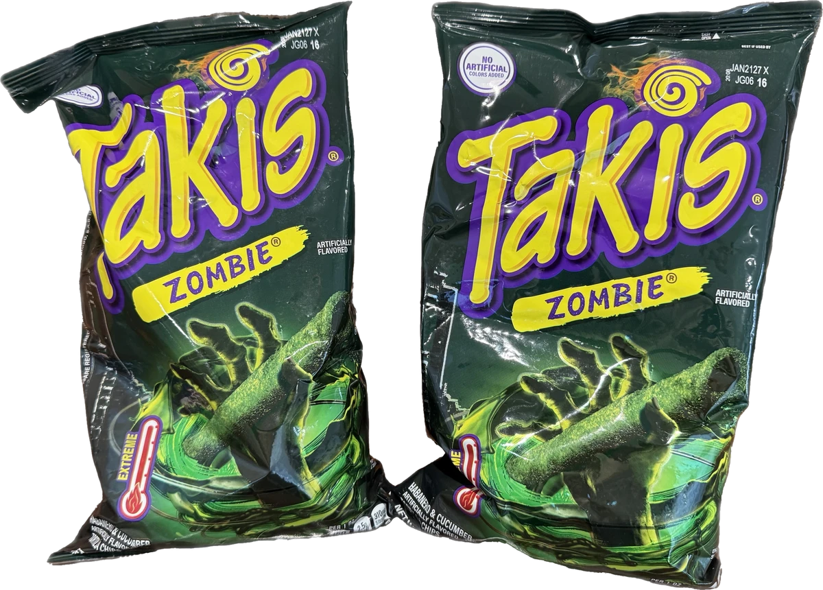 Two bags of Takis Zombie flavor tortilla chips.