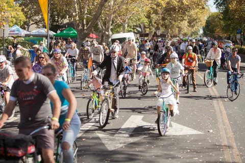 A dense, joyful crowd of costumed cyclists of all ages fills a tree-lined downtown street, a Davis Food Co-op banner above.