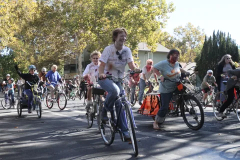 A row of riders pedals down the parade route.