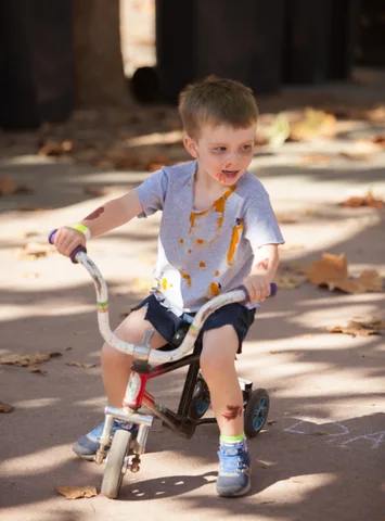 A young child rides a small trike on a sunlit path.