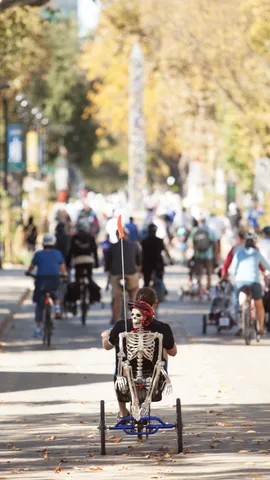 A rider tows a full skeleton figure strapped into a trike down a tree-lined path crowded with cyclists.