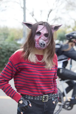 A person wears a realistic pig mask, close up against the trees.