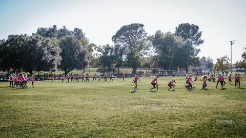 A wide view of the dance team performing on the open field.
