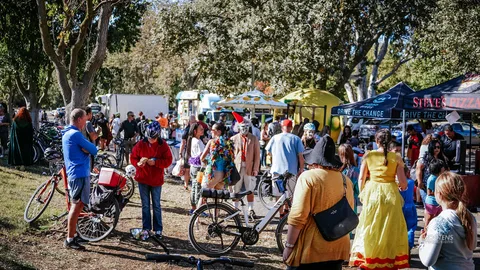A busy crowd mills through the vendor area of the park.