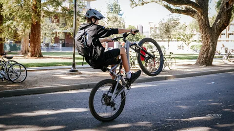 A young rider pops a wheelie on a mountain bike along a shaded park street.