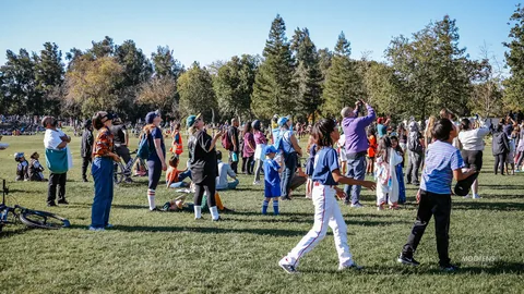 A wide view of festival-goers spread across the open field.