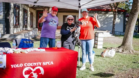 Three people wave from behind a County SPCA table at the festival.