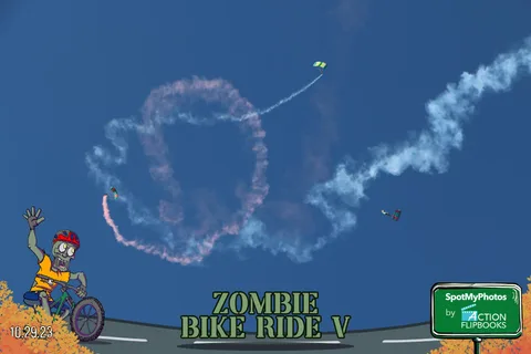 White smoke loops through the sky as two distant parachutes trail behind.