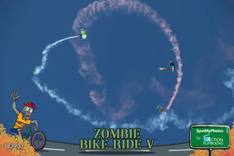 A small parachute trails red smoke in a wide loop across the sky.