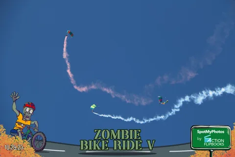 A small parachute with a thin white smoke trail is visible in the sky.