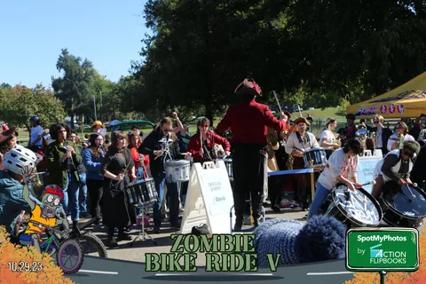 A wide view of the festival drumline performing for the crowd.