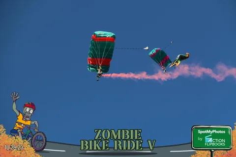 Two parachutists trailing red smoke fly close together in the sky.