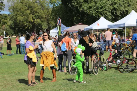 A group in colorful costumes walks past the bike corral at the festival.