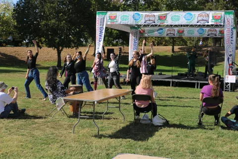 Performers dance on stage under the festival banner.