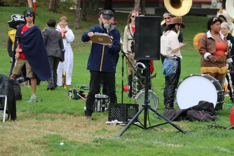 A costumed brass band performs together on the open grass.