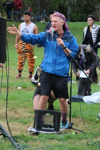 A dancer in a tiger costume strides across the grass, cropped above the shoulders.