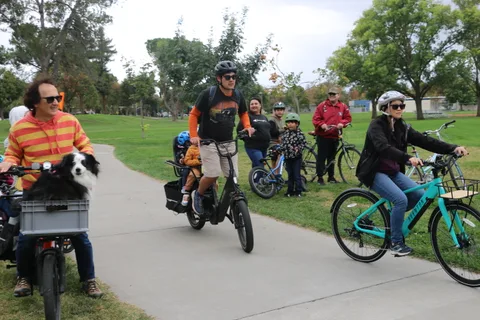 A man rides a cargo bike with a dog riding in the front basket.