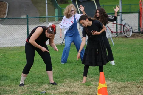 Costumed performers move through a choreographed routine on the grass.