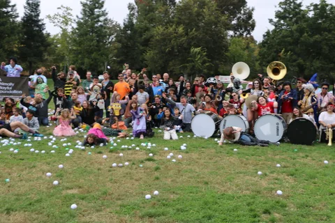 Band members play brass instruments while performing on the grass at the festival.