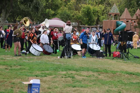 The full costumed brass band performs on the grass near the playground.