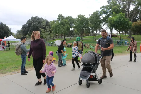 Families walk along the park path near a stroller.