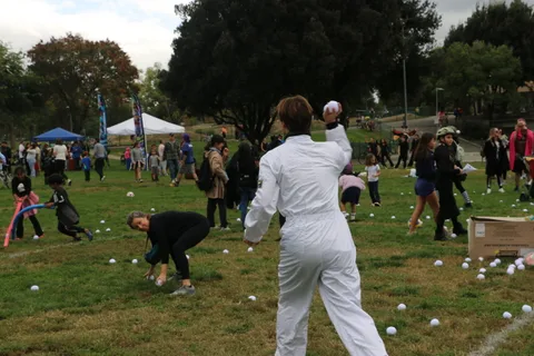 Festival-goers scattered across a grassy field play a lawn game.