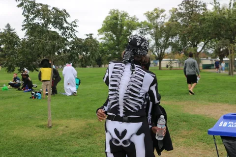 Distant figures in ghost and skeleton costumes walk across the grass.