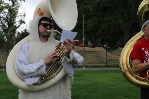 A musician in a white fluffy bird costume and sunglasses plays a sousaphone.