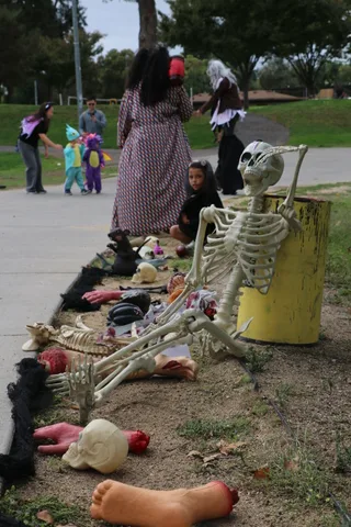 Skeleton decorations lie among Halloween props on the ground.