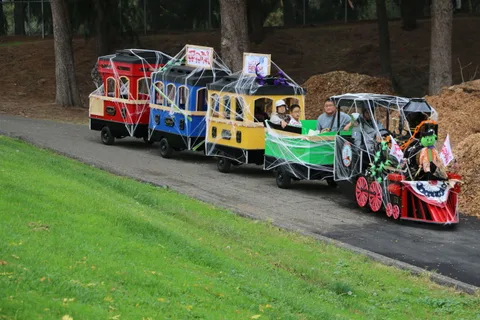 A decorated trackless train travels down the street past parked cars.