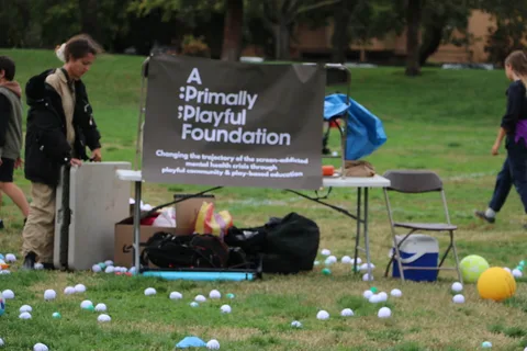 A Primally Playful Foundation banner stands behind scattered play balls.