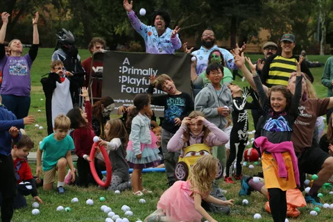 A crowd of children scrambles to pick up white balls scattered across the grass.