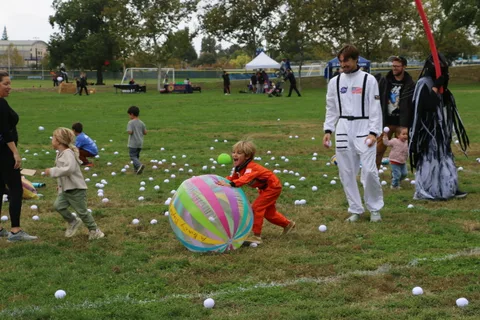 A striped beach ball rolls across the grass as children play a lawn game.