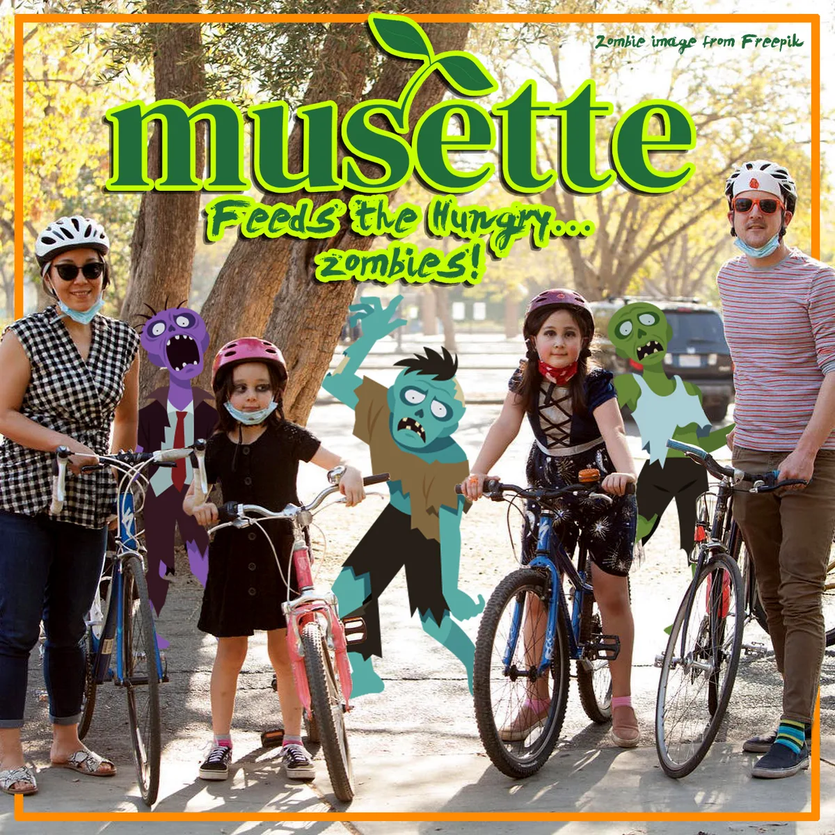 A Musette sponsor graphic reading Feeds the Hungry Zombies with costumed kids on bikes inset.