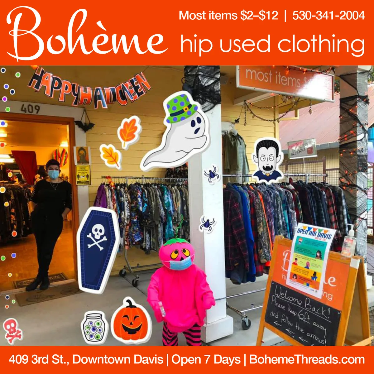 A storefront ad for Boheme hip used clothing with a costumed mascot graphic.