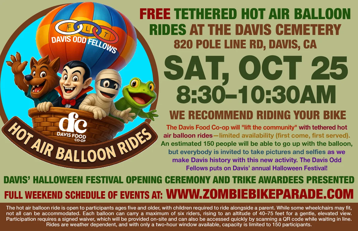 A flyer advertising free tethered hot air balloon rides hosted by the Davis Odd Fellows.