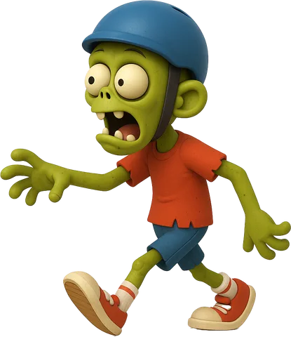 A cartoon illustration of a green zombie character reaching forward.
