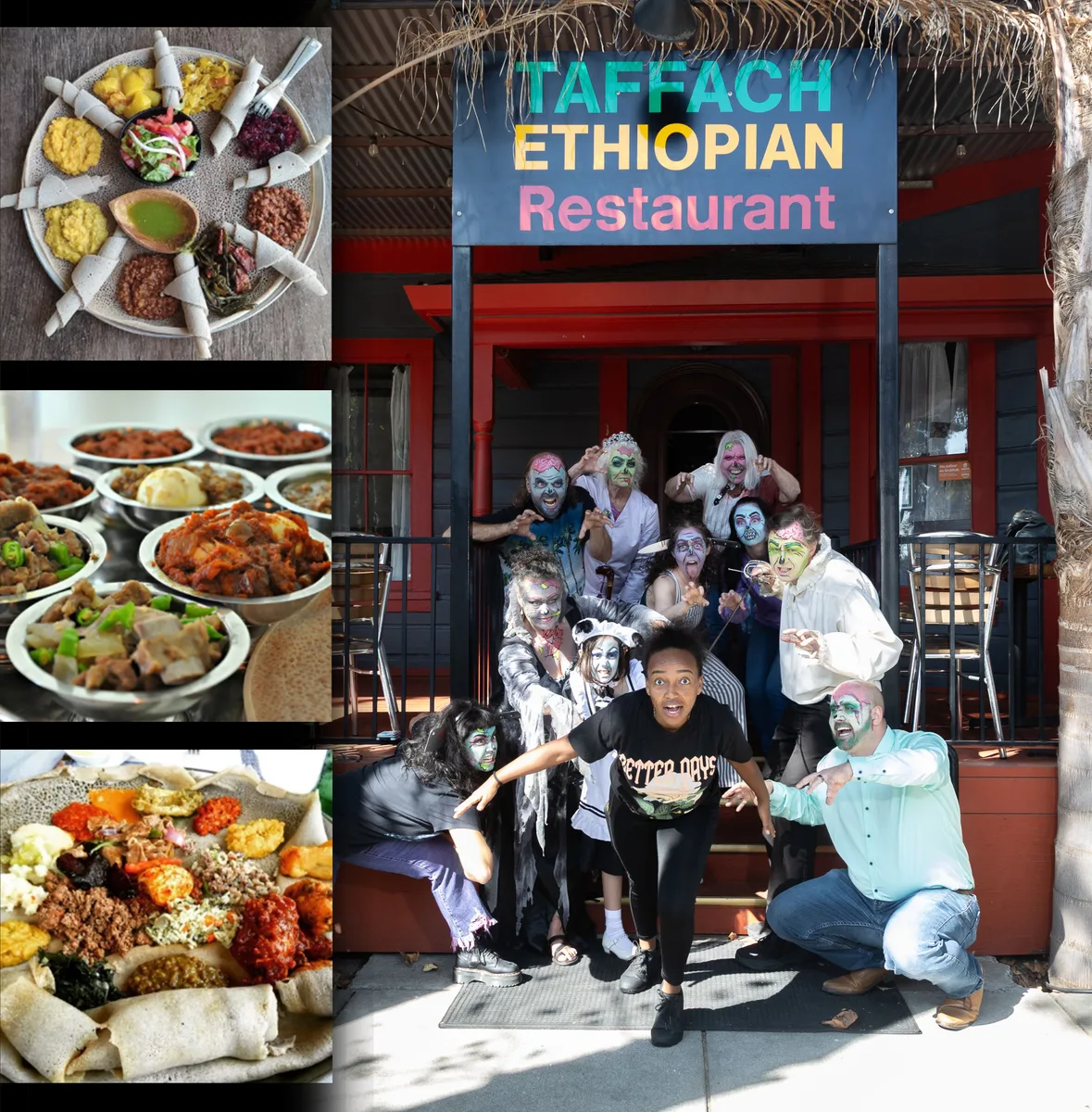 A collage of dishes and a costumed group outside the Taffach Ethiopian Restaurant.
