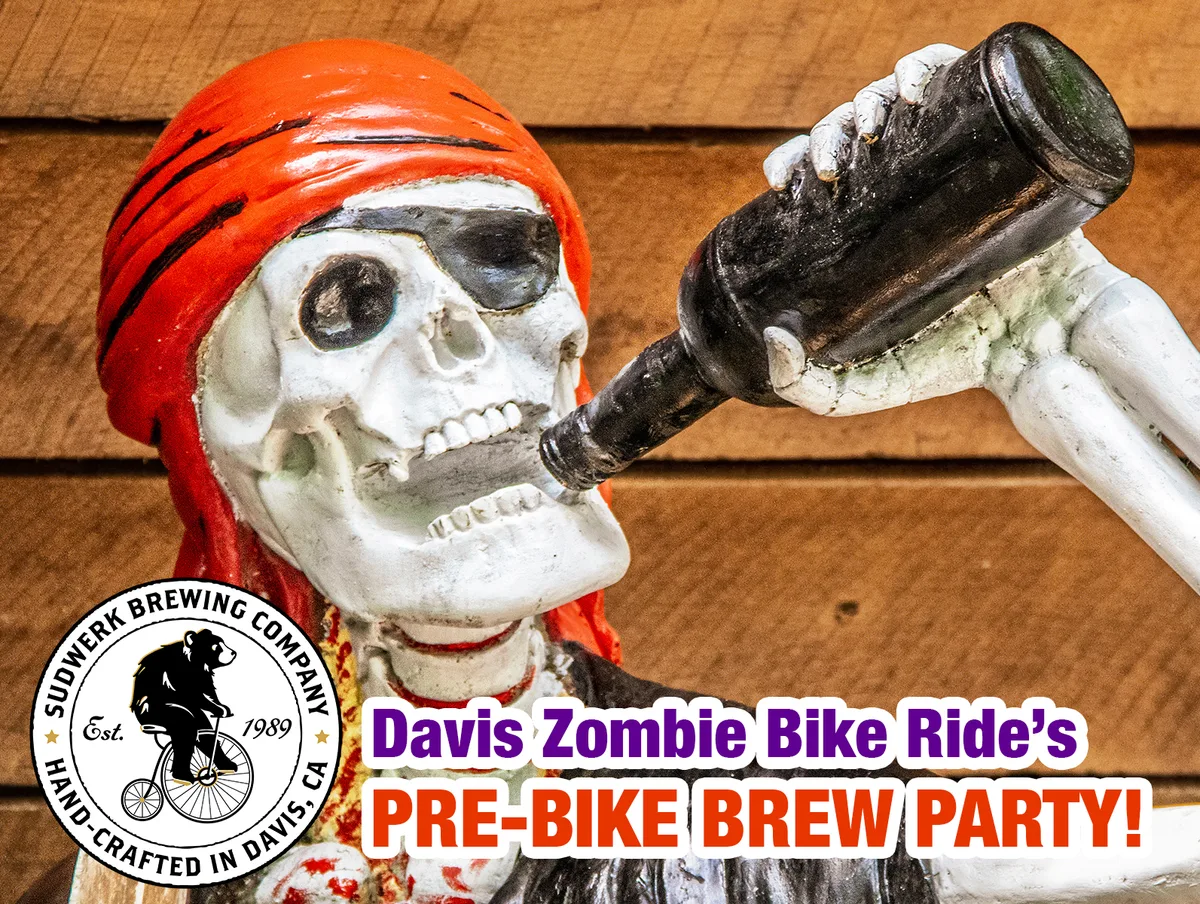 A skull pirate illustration promotes Sudwerk Brewing Company's Pre-Bike Brew Party.