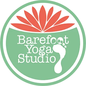 A circular logo for Barefoot Yoga Studio.