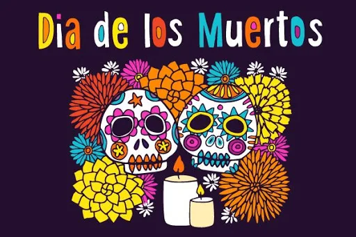A Dia de los Muertos sugar skull illustration with candles and flowers.