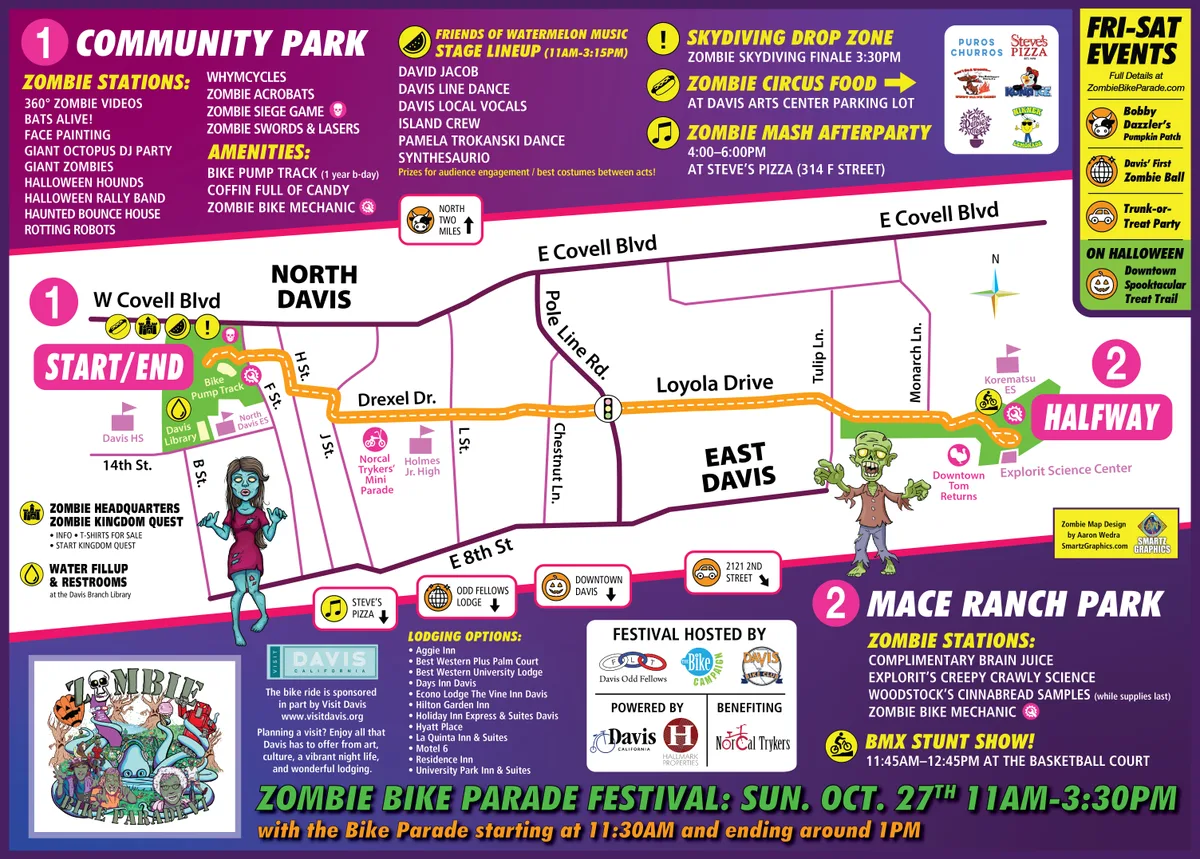 A festival park map graphic showing the route, stations and amenities.