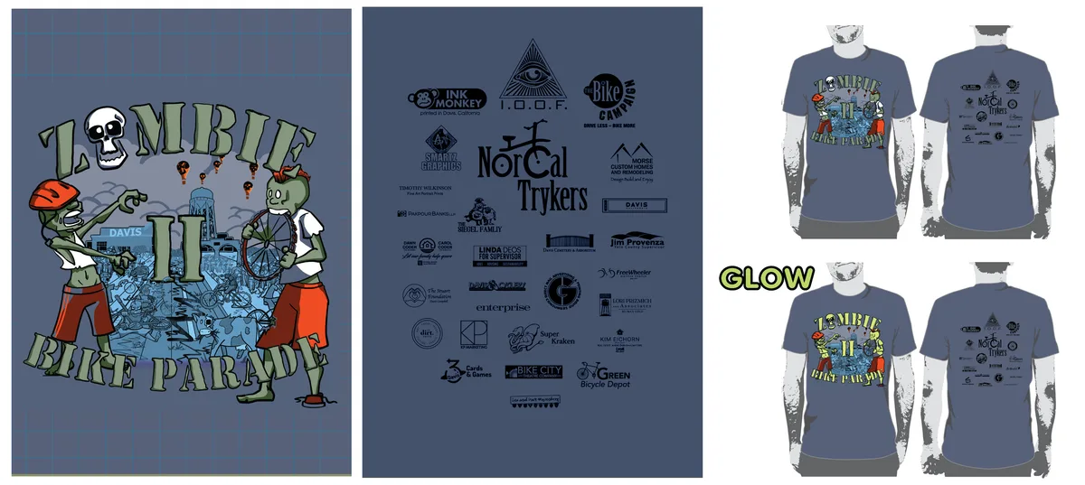 A t-shirt design mockup features sponsor logos and a glow-in-the-dark print.