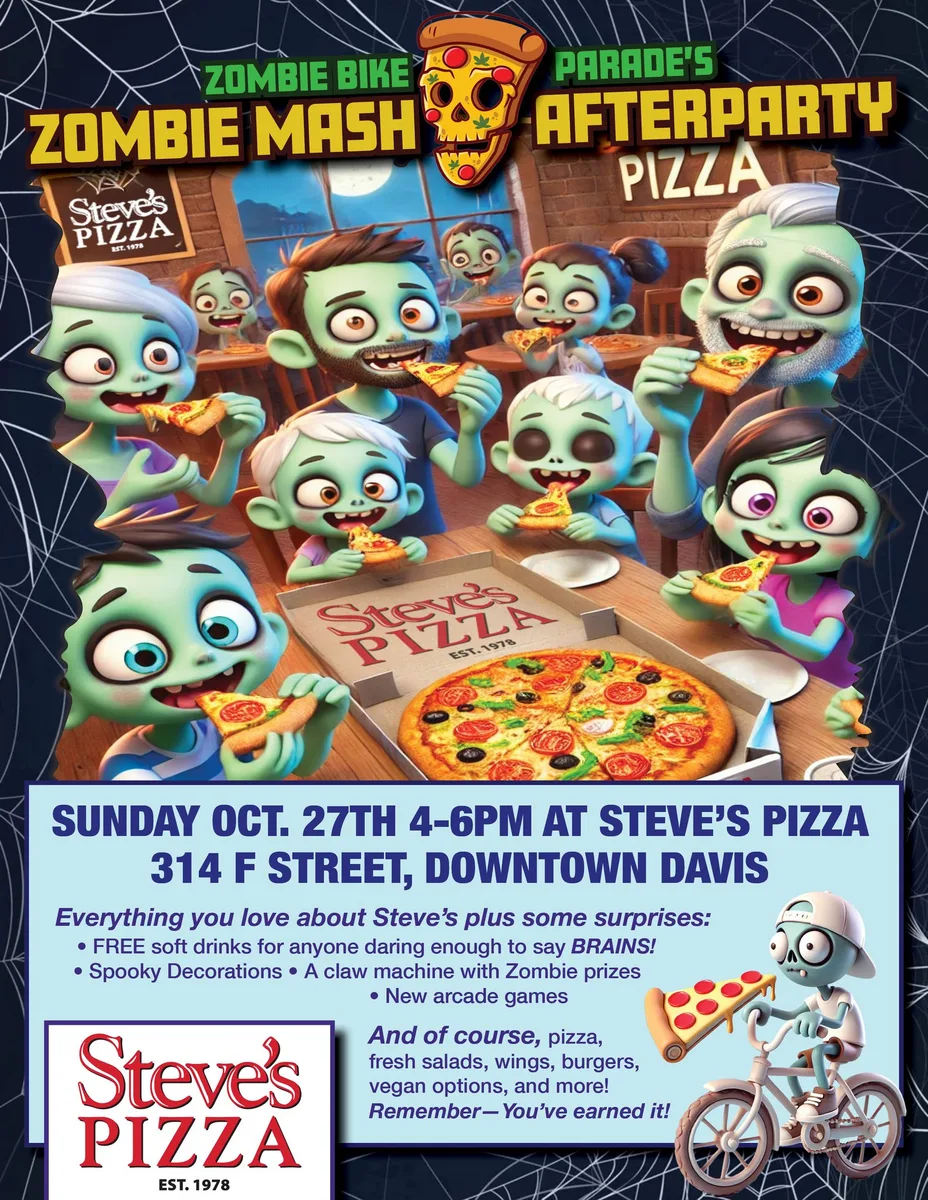 A cartoon graphic of zombies eating pizza advertising Steve's Pizza.