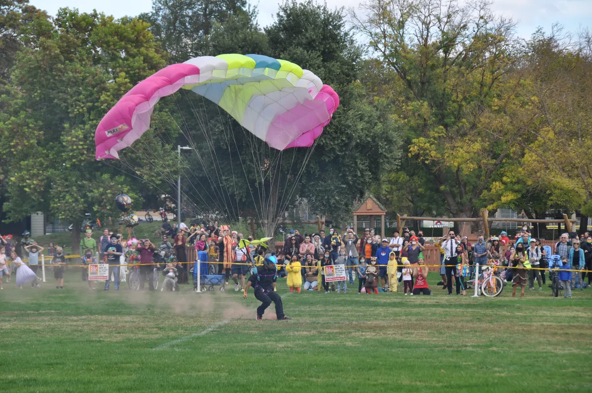 A skydiver's colorful parachute descends over a crowd gathered in the park.