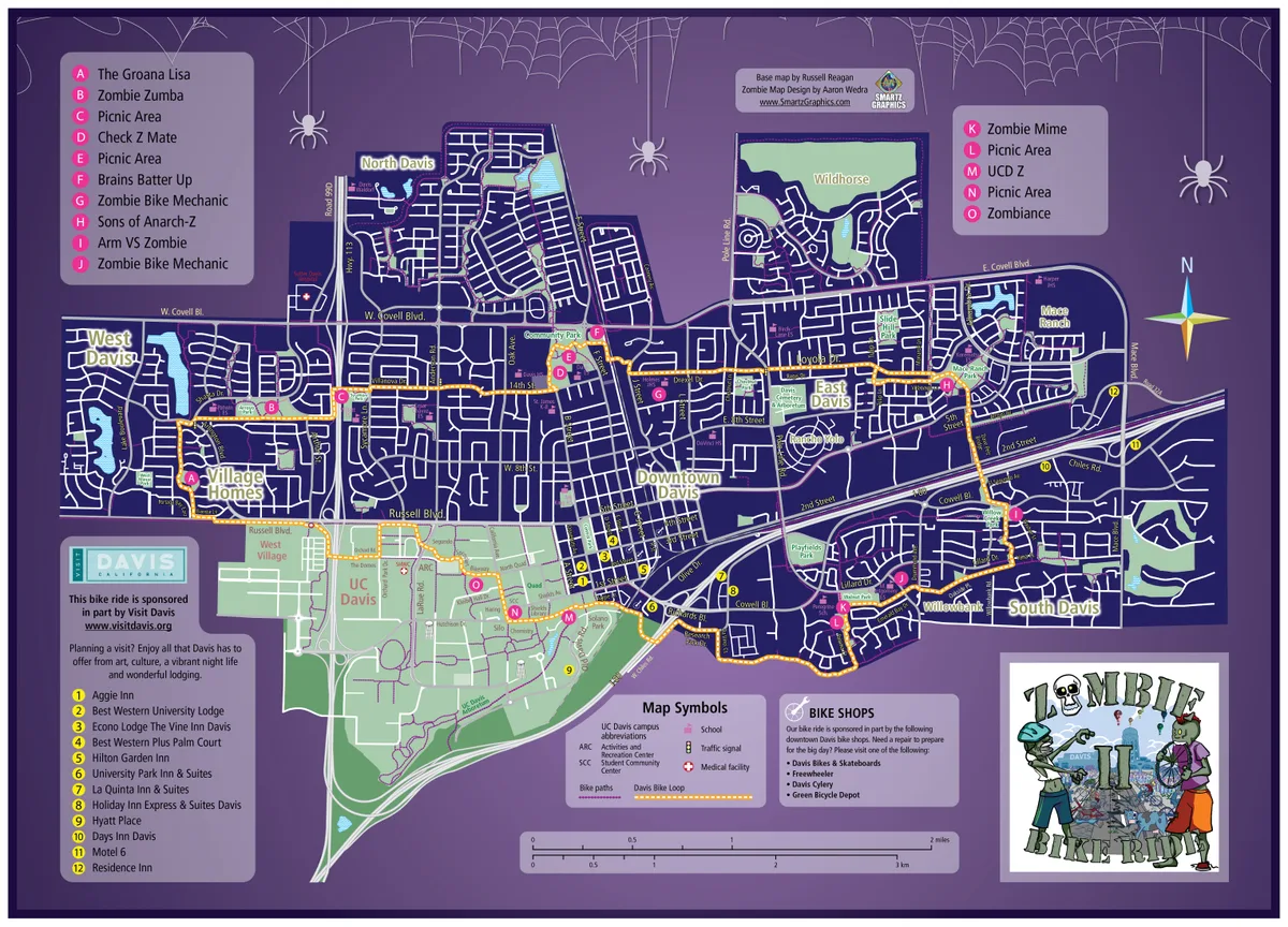 The illustrated Zombie Bike Parade route map of Davis in purple and pink, marking the ride route, entertainment stations, picnic areas and participating bike shops.